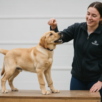 Happy Labrador puppy receiving a treat from owner's hand, clear background, training session
