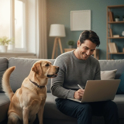 Labrador owner happily writing a story about their dog on a laptop, with the dog by their side