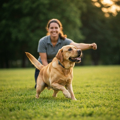 Labrador retriever performing advanced obedience command in a park