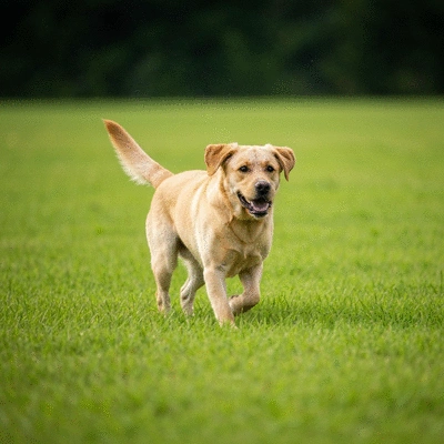 Happy Labrador retriever running in a field