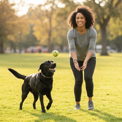 Owner happily interacting with a well-behaved Labrador, demonstrating a strong bond and successful training, in a park setting, no text, no words, no typography, clean image