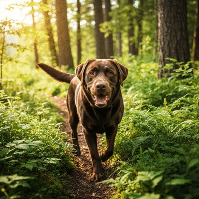 Labrador retriever happy and active on a hiking trail