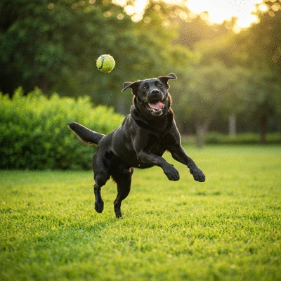 Labrador retriever playing fetch in a park