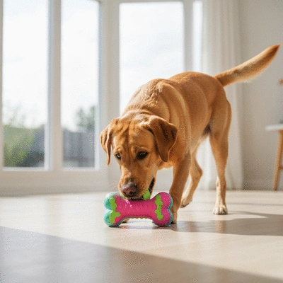 Labrador retriever playing with a durable, safe dog fitness toy