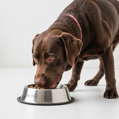 Labrador retriever eating healthy food from a bowl