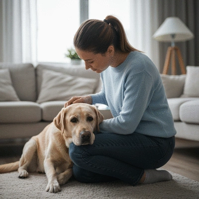 Labrador owner and their dog sharing a quiet, affectionate moment together indoors, depicting a strong bond, no text, no words, no typography, clean image
