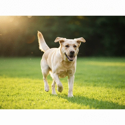 Happy Labrador retriever running in a park with owner