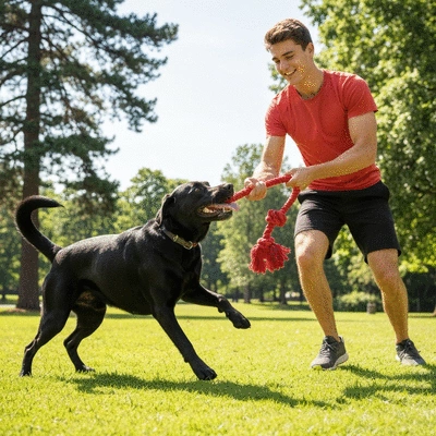 Labrador retriever engaged in a tug-of-war game