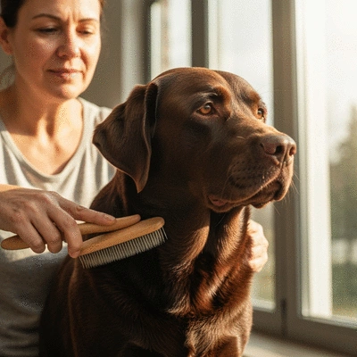 Labrador being brushed gently by owner, showing a healthy, shiny coat