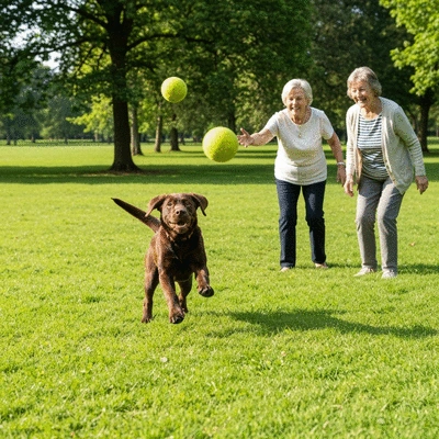 Happy Labrador puppy playing with owner in a park, bright sunny day, outdoor training