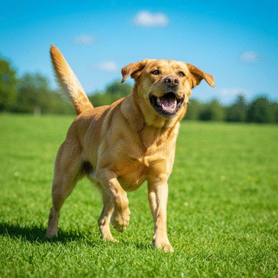 Happy Labrador Retriever playing fetch in a park, active and healthy