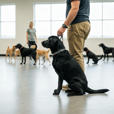 Labrador retriever in a training class, sitting attentively next to its owner, with other dogs and trainers in the background, a focus on positive reinforcement, no text, no words, no typography, clean image