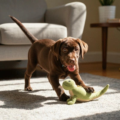 Happy Labrador retriever interacting with various authentic, high-quality pet products