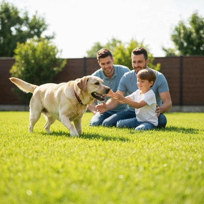 Happy Labrador retriever playing with a family in a backyard