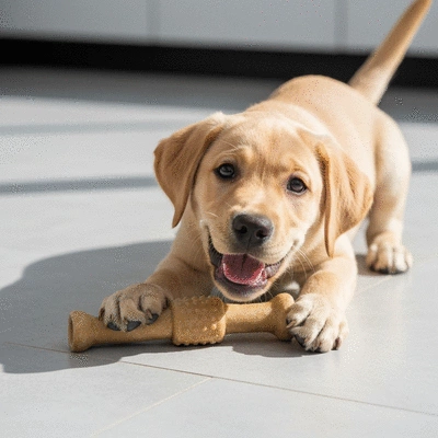 Labrador puppy playing with an authentic, durable chew toy