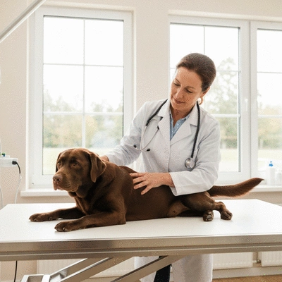 Labrador getting a health checkup from a veterinarian