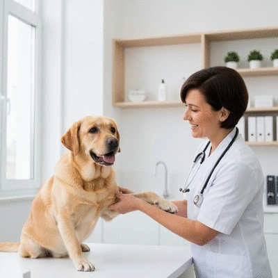 Labrador Retriever with a veterinarian during a check-up, clean, professional setting