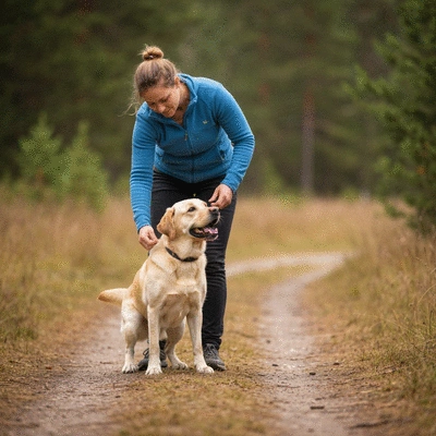 Happy Labrador and owner bonding during training session