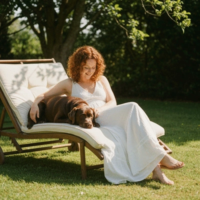 Labrador owner happily reading stories on a tablet, with a Labrador resting beside them