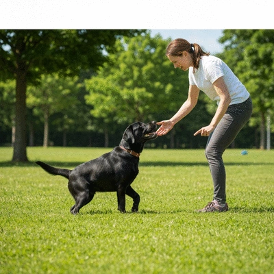Labrador puppy focused on training with owner in a park