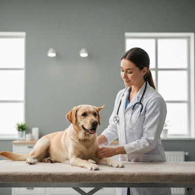 Labrador retriever getting a wellness check-up from a veterinarian