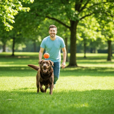 Happy Labrador Retriever playing fetch in a park with its owner, depicting joy and companionship, no text, no words, no typography, clean image