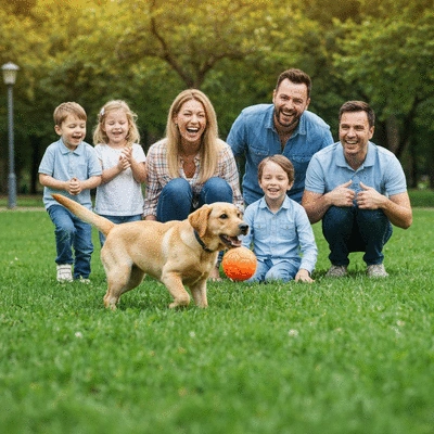 Happy Labrador playing fetch with a family in a park