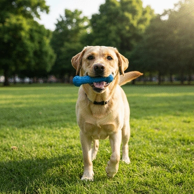 Labrador retriever playing with a durable chew toy in a park