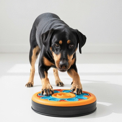 Labrador playing with interactive puzzle toy, no text, no words, no typography, clean image