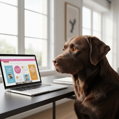 Labrador looking at a laptop screen, symbolizing engaging digital content