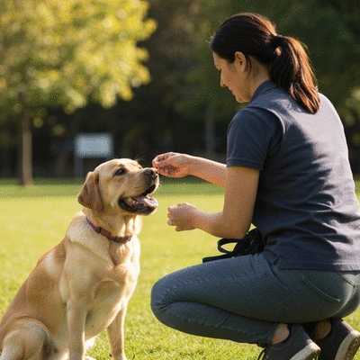 Happy Labrador retriever and owner during a training session