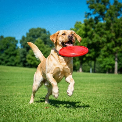 Happy Labrador retriever playing fetch outdoors