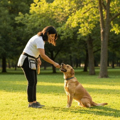 Person and Labrador retriever bonding during a training session with treats, no text, no words, no typography, clean image