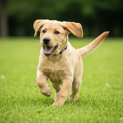 Labrador puppy playing fetch in a green park