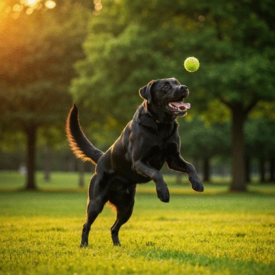 Happy Labrador retriever playing fetch in a park